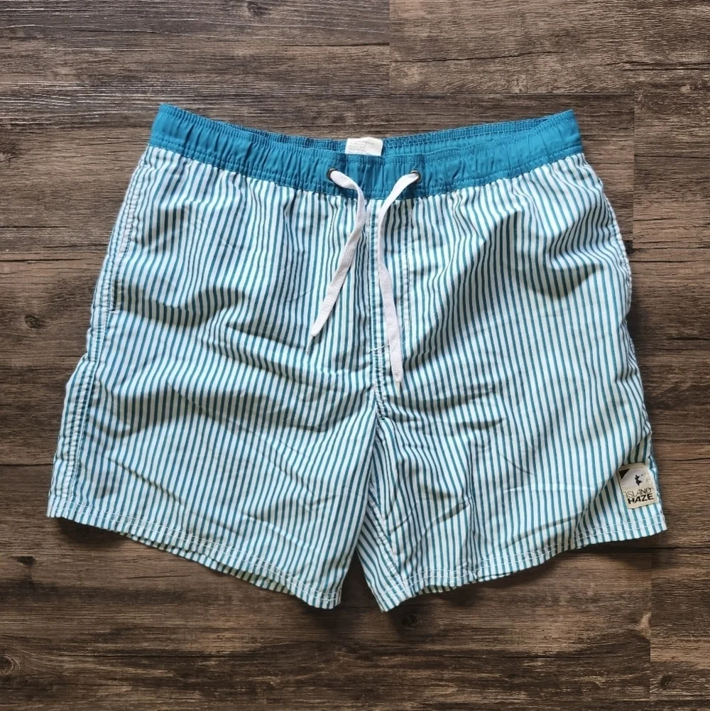 Islandhaze Aqua and White Striped Board Surfer Swim Trunks